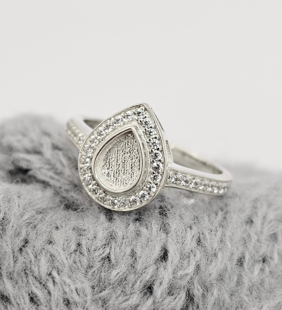 Crystal pear drop sterling silver ring