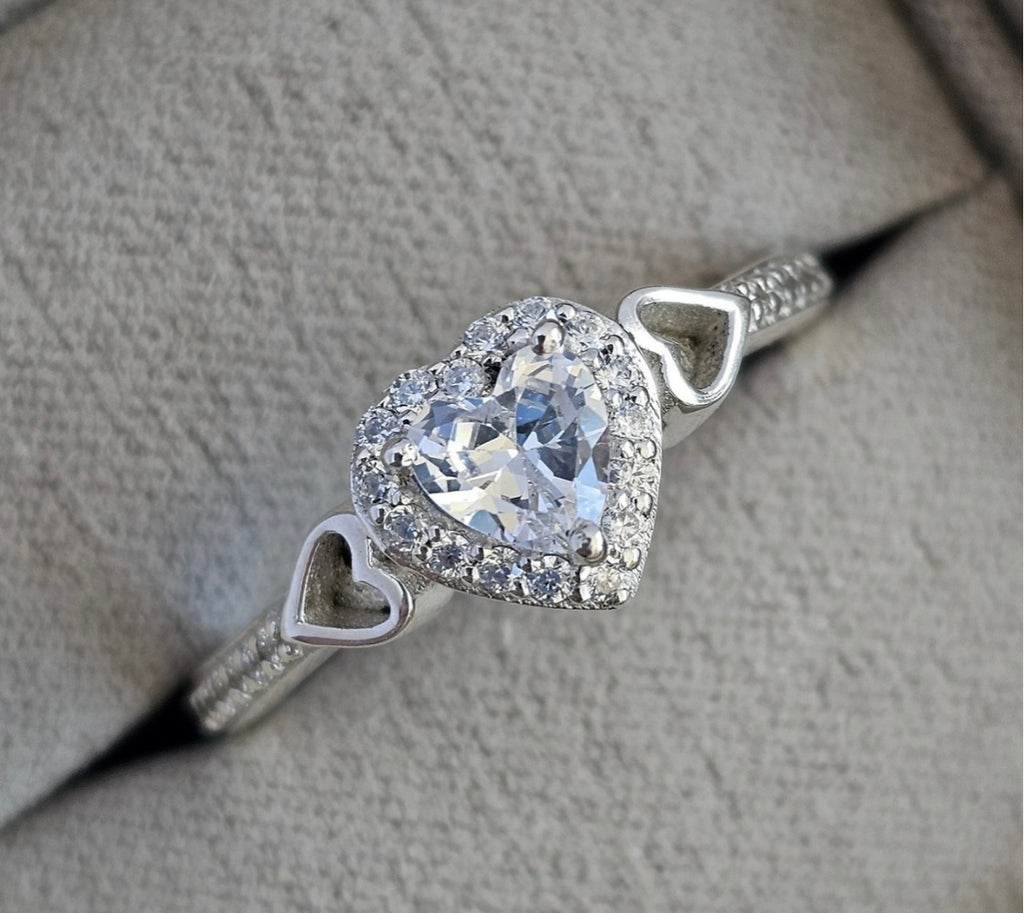 Crystal heart cluster sterling silver ring
