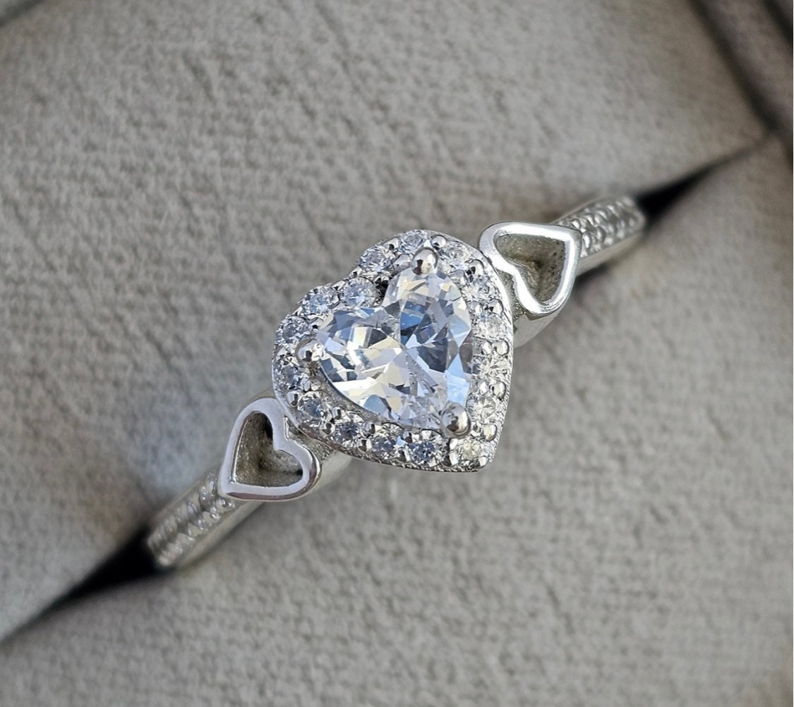 Crystal heart cluster sterling silver ring